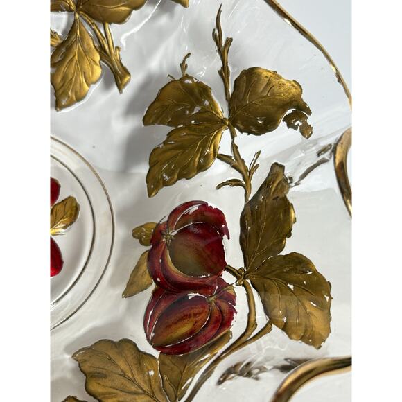 Vintage Glass Intaglio Fruit Bowl Goofus Glass Ruffled Gold Rim Red Fruit - Picture 6 of 14